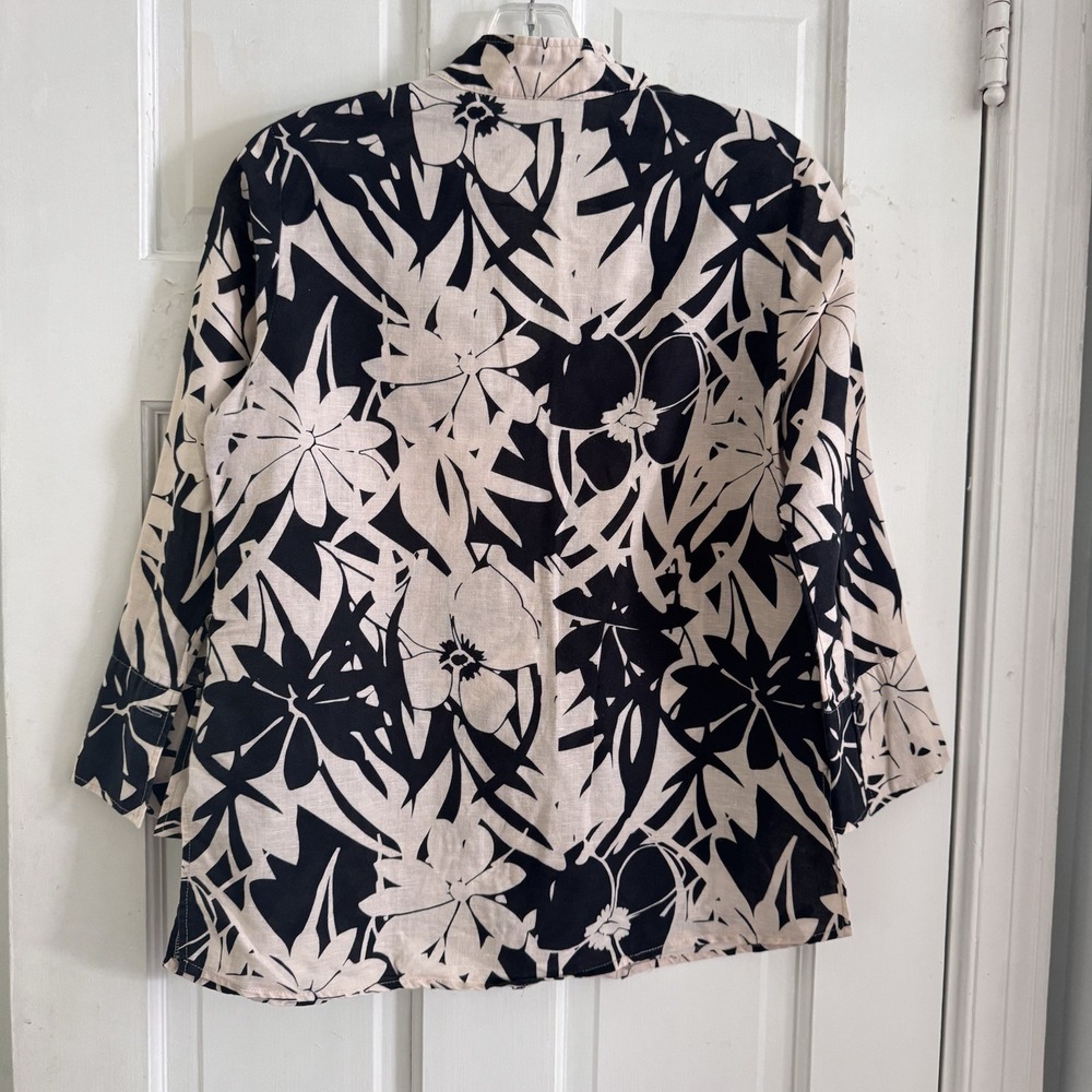 Harve Benard Women S Linen Blend 3/4 Sleeve Button Up Black White Floral Blouse - Picture 4 of 10